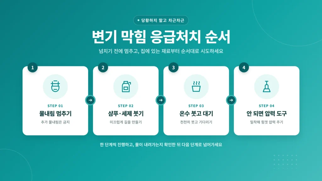 변기 막힘 응급처치 순서 4단계 안내 배너: 물내림 멈추기, 샴푸·세제 붓기, 온수 붓고 대기, 안 되면 압력 도구